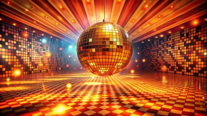 Vibrant orange-lit disco ball spins above empty, flashy dance floor, surrounded by retro 1970s-inspired patterned walls and flashing lights.
