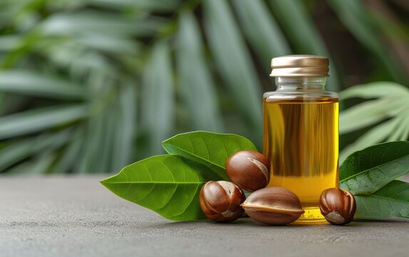 Babassu Oil in a luxurious container, with babassu nuts and leaves, set against a tropical forest background, photorealistic and premium