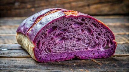 Obraz premium Freshly baked artisanal purple bread slice placed on rustic wooden table with subtle crumbs and slight crust cracks visible.