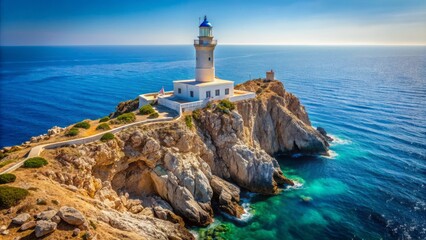 Isolated whitewashed Lefkada lighthouse stands tall on a rugged Akrotiri island cliff amidst serene turquoise waters and clear blue sky.