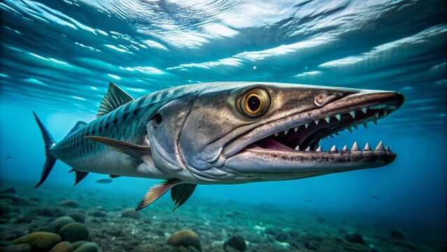 A menacing barracuda swims horizontally across the ocean floor, its sharp teeth and piercing gaze exuding a sense of predatory power.