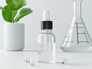 Hyaluronic Acid Serum in a sleek glass bottle, with droplets and a scientific laboratory background, photorealistic and premium
