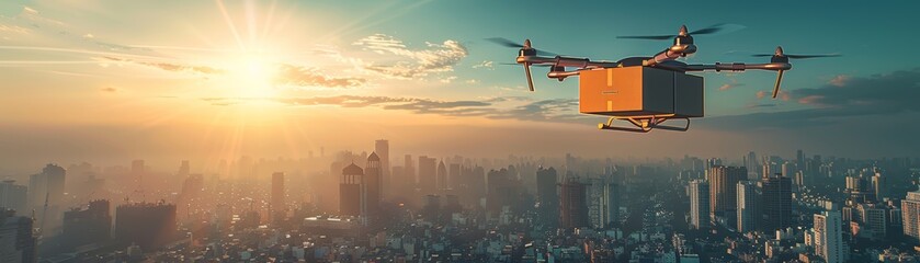 Fototapeta premium Drone delivering package over city skyline at sunset.