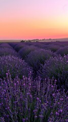 Elegant summer sunset over a tranquil lavender field with deep purple hues blending into the pink-orange sky