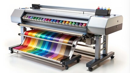 Vibrant color toners arrayed in modern digital printer, surrounded by rolls of pristine paper, awaiting generative artistry to unfold.