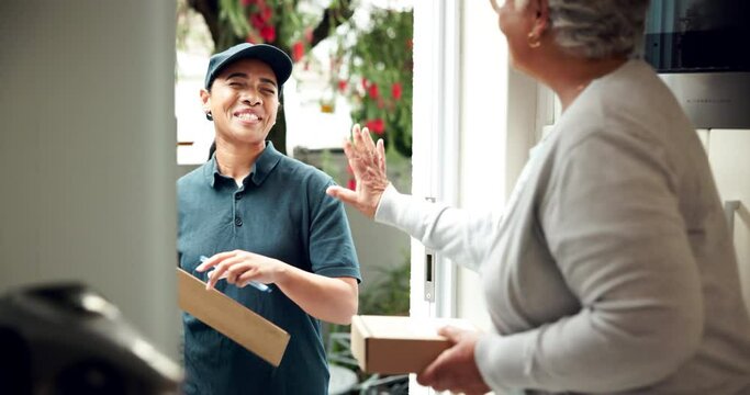 Courier, clipboard and package for delivery to home, signature and ecommerce for parcel service. Post, customer and logistics for senior female person, shipping or freight for online retail shopping