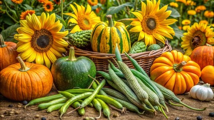 Vibrant green beans entwine corn stalks, while sprawling pumpkins and squashes blanket the soil, showcasing Three Sisters harmony in nature.