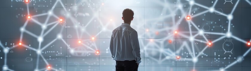 Fototapeta premium A man stands before a glowing network of lines and points, symbolizing connection and progress.