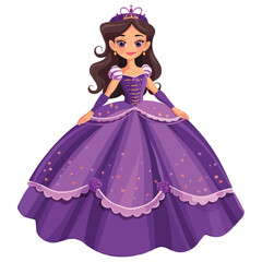 Fototapeta premium Cartoon beautiful princess in purple dress isolated on white solid background