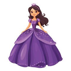 Cartoon beautiful princess in purple dress isolated on white solid background