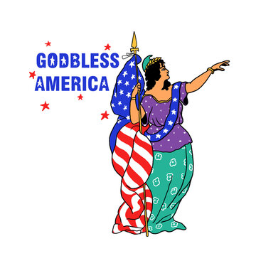 woman with american flag and twxt godbless america