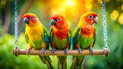 Obraz premium Vibrant parakeets with bright plumage perch on a colorful swing amidst lush greenery, evoking a sense of carefree joy and innocence.