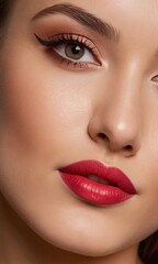 Naklejka premium red lips with perfect eyeliner and smooth skin, showcasing beauty and skin care excellence in makeup and cosmetic elegance