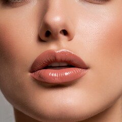 Fototapeta premium Close-up of lips with glossy lipstick, highlighting the elegance and modern style of makeup, ideal for illustrating fashion trends and sophisticated looks