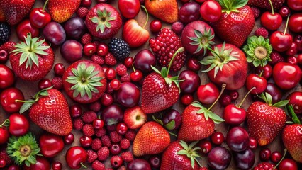 A vibrant, symmetrical composition of assorted juicy red fruits blended together in a mesmerizing top view illustration.