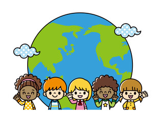半円の地球の前に並ぶ、さまざまな人種の笑顔がかわいい子供たちのイラスト。アメリカ人やアジア人の子供たち。