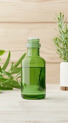 Tea Tree Oil in a stylish green bottle, with tea tree leaves and a wooden background, photorealistic and natural beauty