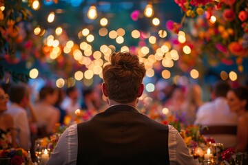 Obraz premium Single man, attending wedding, alone at a table, wideangle view, vibrant decorations, wedding joy, social anxiety, high contrast, emotional tones.,