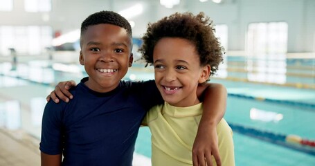 Swimming pool, friends and portrait of kids for learning, exercise and training together indoors. Water sports, children and boys for aqua school, health and wellness with skill improvement class