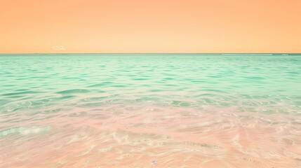 Minimalist beach scene with clear lavender water and light teal sand under a serene orange sky offering ample copy space for text