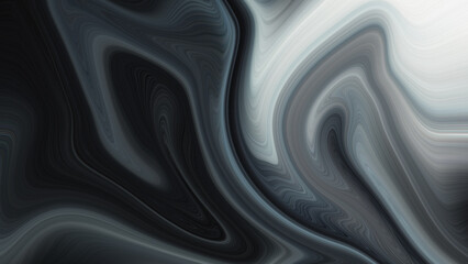 Abstract marbled paint texture pattern in white, black, and gray waves and swirls; metallic fluid or liquid flowing in an abstract pattern; silver background; chrome background