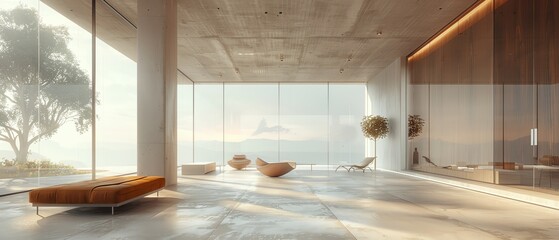 Contemporary office interior, workplace by panoramic window, mock up wall, photorealistic, high detail, 4K quality