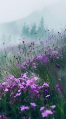 Naklejka premium Minimalist summer meadow with purple phlox and soft green grass, perfect for adding summer text