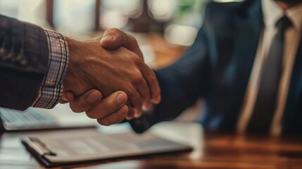 Business Handshake Agreement at Office Desk with Documents and Laptop
