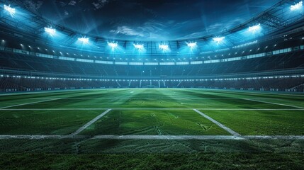 Illuminated Football Stadium at Night with Vibrant Green Grass Field under Bright Stadium Lights