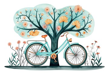 Hand-Painted Illustration of Bicycle Leaning Against Tree with Blooming Flowers