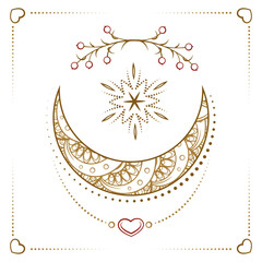 Intricate bohemian style vector mandala featuring a crescent moon and star, surrounded by delicate floral patterns on a white background. © sablegear