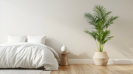 A white bedroom with a bed, nightstand, and a potted plant