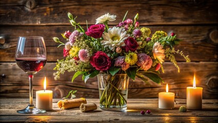 Fototapeta premium Elegant still life arrangement featuring a delicate wine glass, fresh bouquet of flowers, and subtle candlelight ambiance on a rustic table.