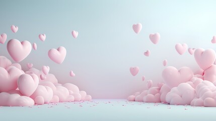 A pink cloud filled with hearts is floating in the sky