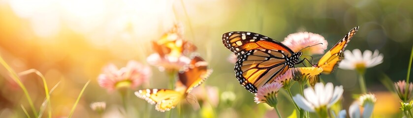 Naklejka premium Tranquil butterfly garden with various butterflies resting on flowers, Animal, Calm and Pure concept