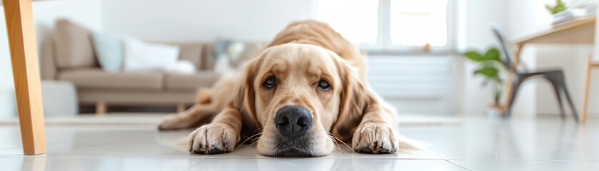 Peaceful dog lying on a clean, white floor in a minimalistic living space, Dog, Serene and Minimalist concept