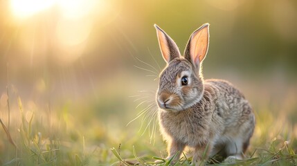 Fototapeta premium Content rabbit grazing in a field bathed in soft evening light, Rabbit, Content and Light concept