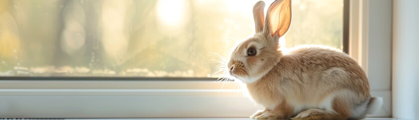 Obraz premium Happy rabbit sitting by a sunlit window with light streaming in, Rabbit, Content and Light concept