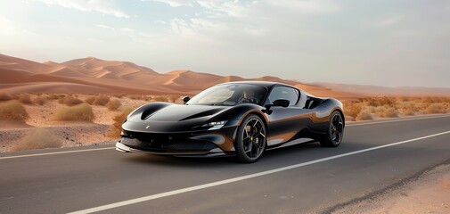 Naklejka premium High-performance electric sports car zooming on an open desert road, Automobile, EV, Power and Fast concept