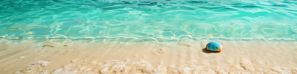 Obraz premium Serene beach scene with turquoise waters and a single blue seashell, ideal space for inspirational messages