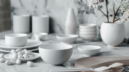 White ceramic tableware on marble surface