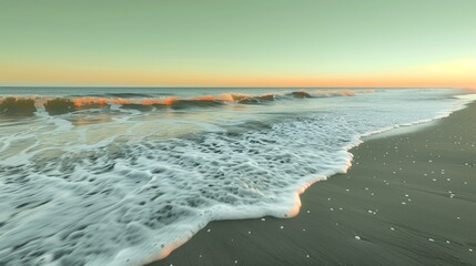Serene shoreline with gentle orange waves meeting smooth grey sand under a clear green sky, ideal for copy space for text