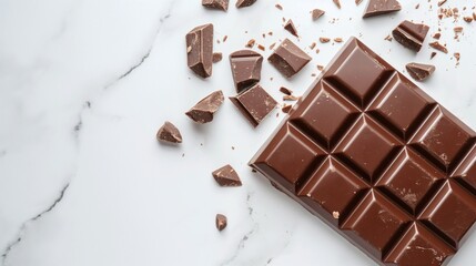A single piece of dark chocolate on a white marble background