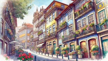 Fototapeta premium Spring at Ribeira district of Porto, narrow streets are lined with colorful buildings.jpeg