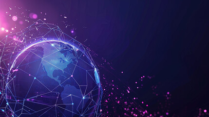 Global network concept. World map point. Global network planet Earth. Low poly wireframe, lines and dots glowing design. A purple space background with polygonal or plexus-shaped abstract objects.