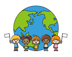 大きな地球の前に立って、笑顔で旗を振る世界のこどもたちのイラスト