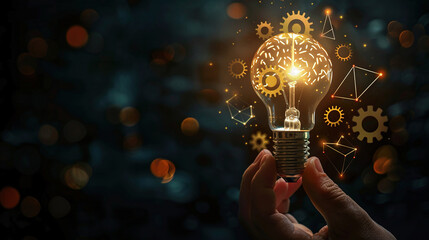 Creative light bulb with marketing network icons planning strategy, analysis solution development, Modern,Innovative of new ideas.Innovation idea knowledge concept.gear icon of inspiration thinking.