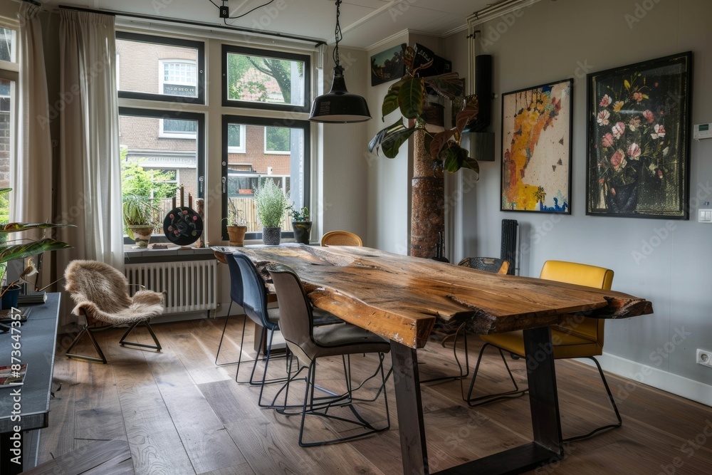 Poster interior of a modern dining room with a wooden table and chairs