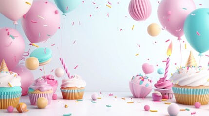 A birthday party with pink and blue balloons, cupcakes, and a cake with candles