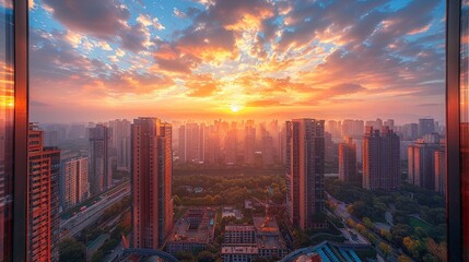 Aerial view of sunset city. 